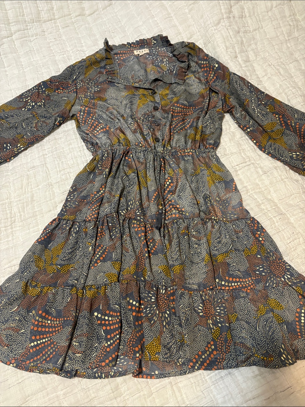 Long-Sleeve Tiered Floral Dress in Charcoal with Mustard Accents